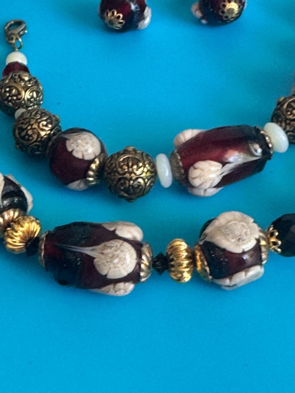 Vintage Venetian Wedding Cake Art Glass Bead Necklace Bracelet Earring Set GF - Picture 7 of 7